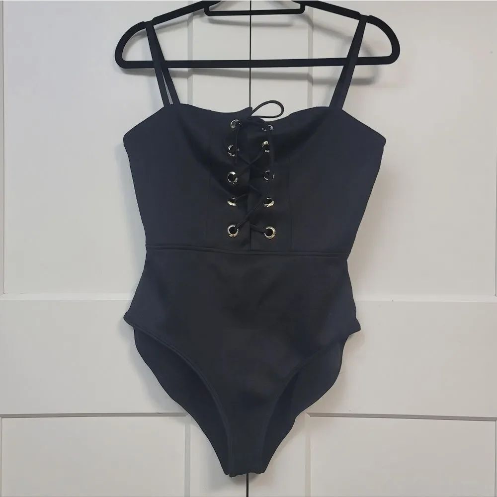 Active Basic USA Black Lace Up Grommet Bodysuit | Corset Front Square Neck